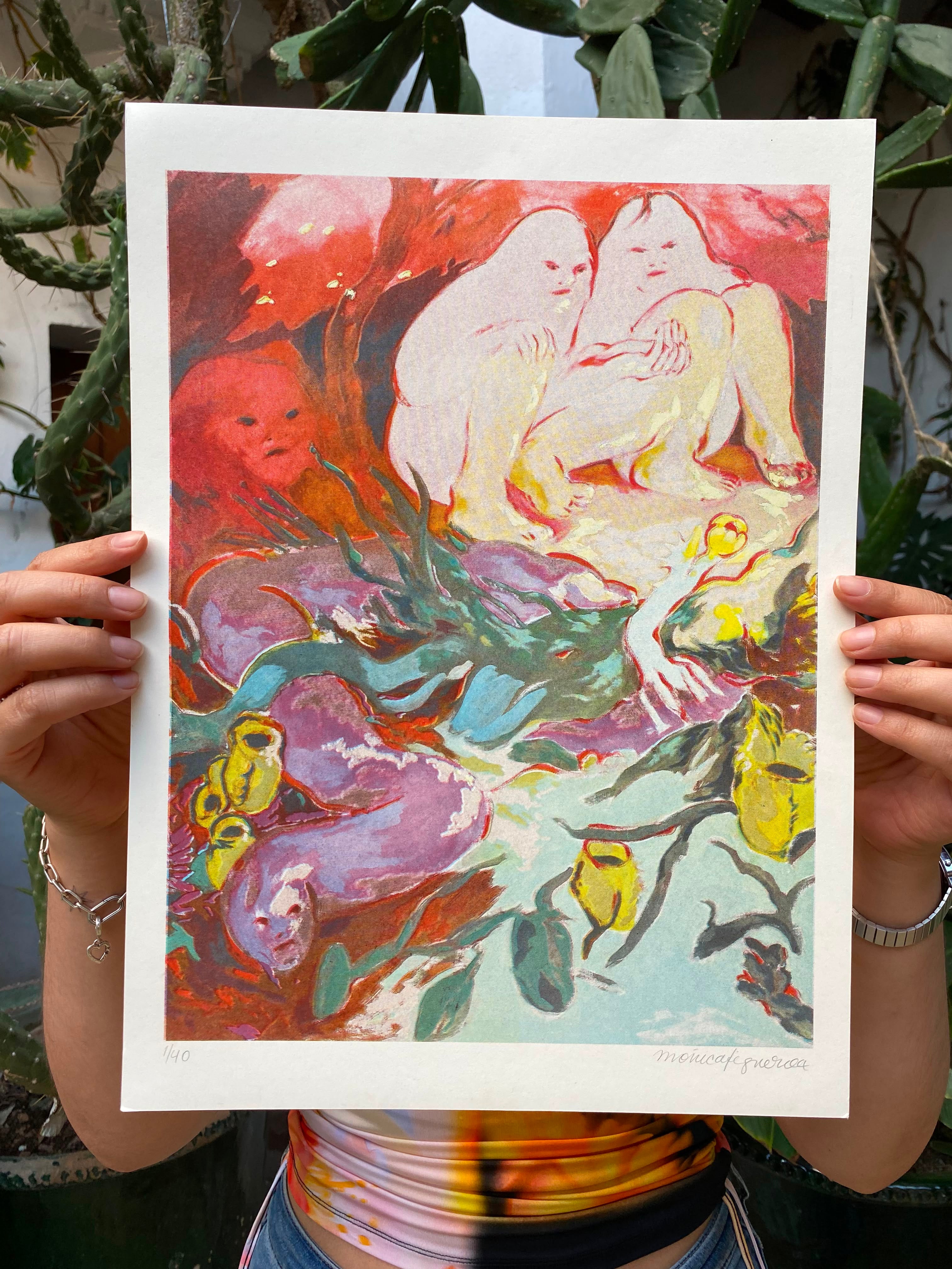 "EN MI VIAJE A LOS MISTERIOS OIGO OIGO A LA PLANTA CARNÍVERO QUE LAMENTA TIEMPOS INMEMORABLES" RISOGRAPHY BY MÓNICA FIGUEROA